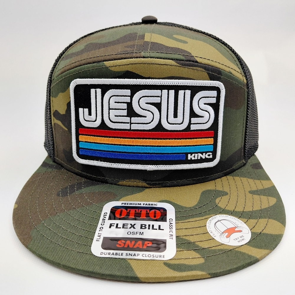 Jesus Patch 7 Panel Flat Bill Trucker Mesh Snapback Cap Camouflage